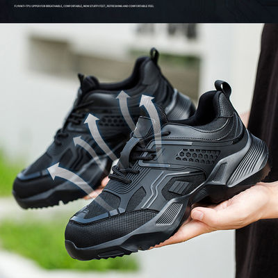 خرید کفش ایمنی سفارشی با لوگوی مشکی بادوام با بافت پروازی TPU تنفس پذیر و زیره میانی کولار online manufacture